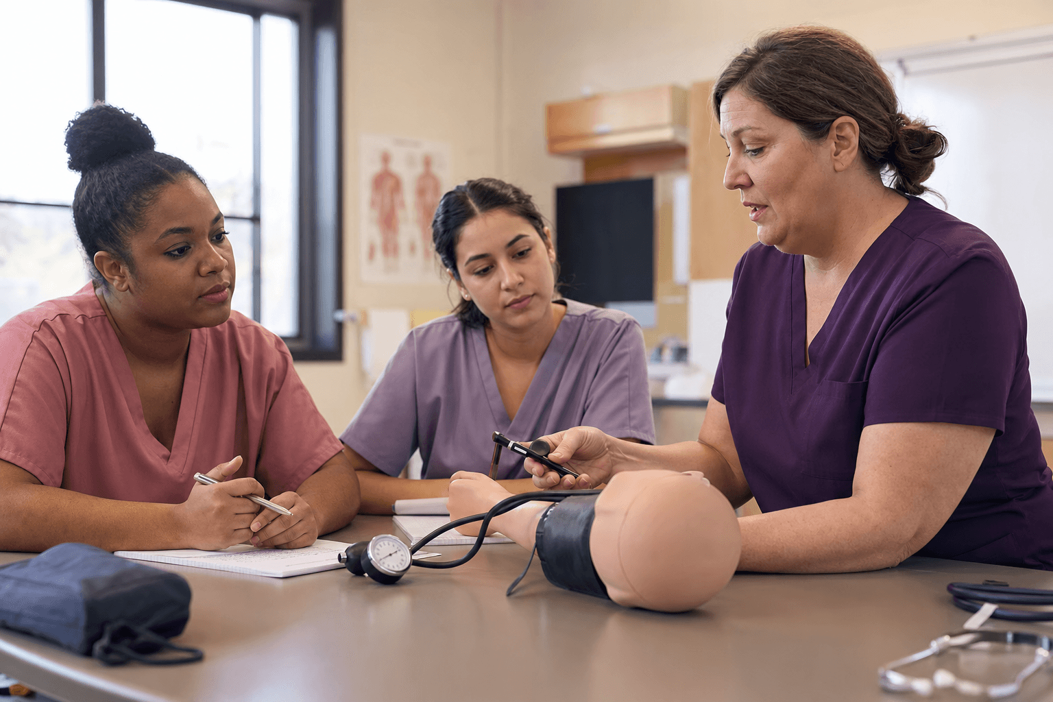 Nursing students practicing vital signs in a skills lab